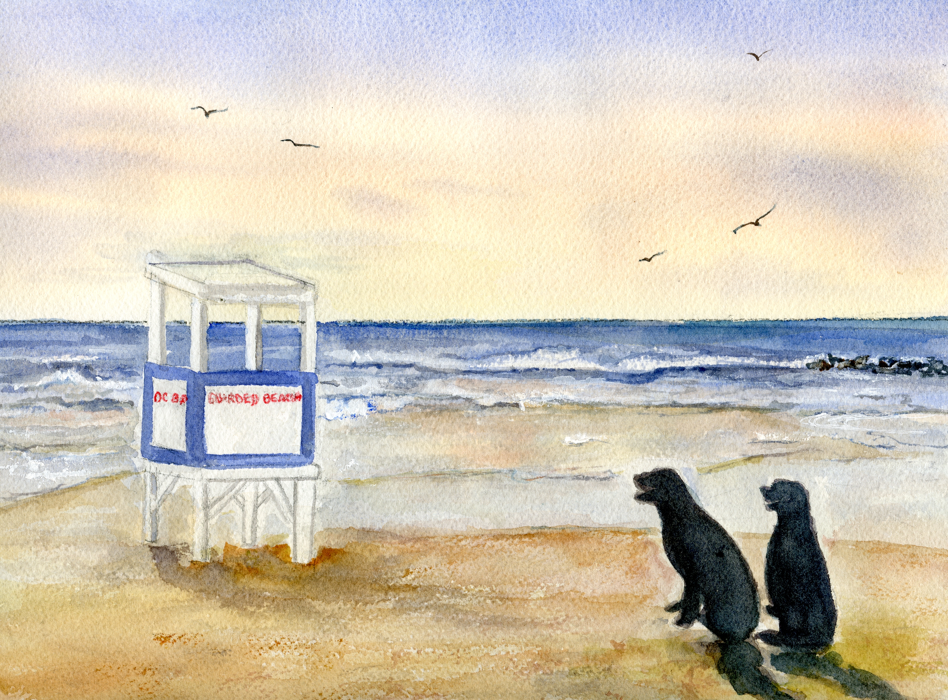 Two dogs in silhouette sitting on a beach with the Ocean City  NJJ lifeguard stand 