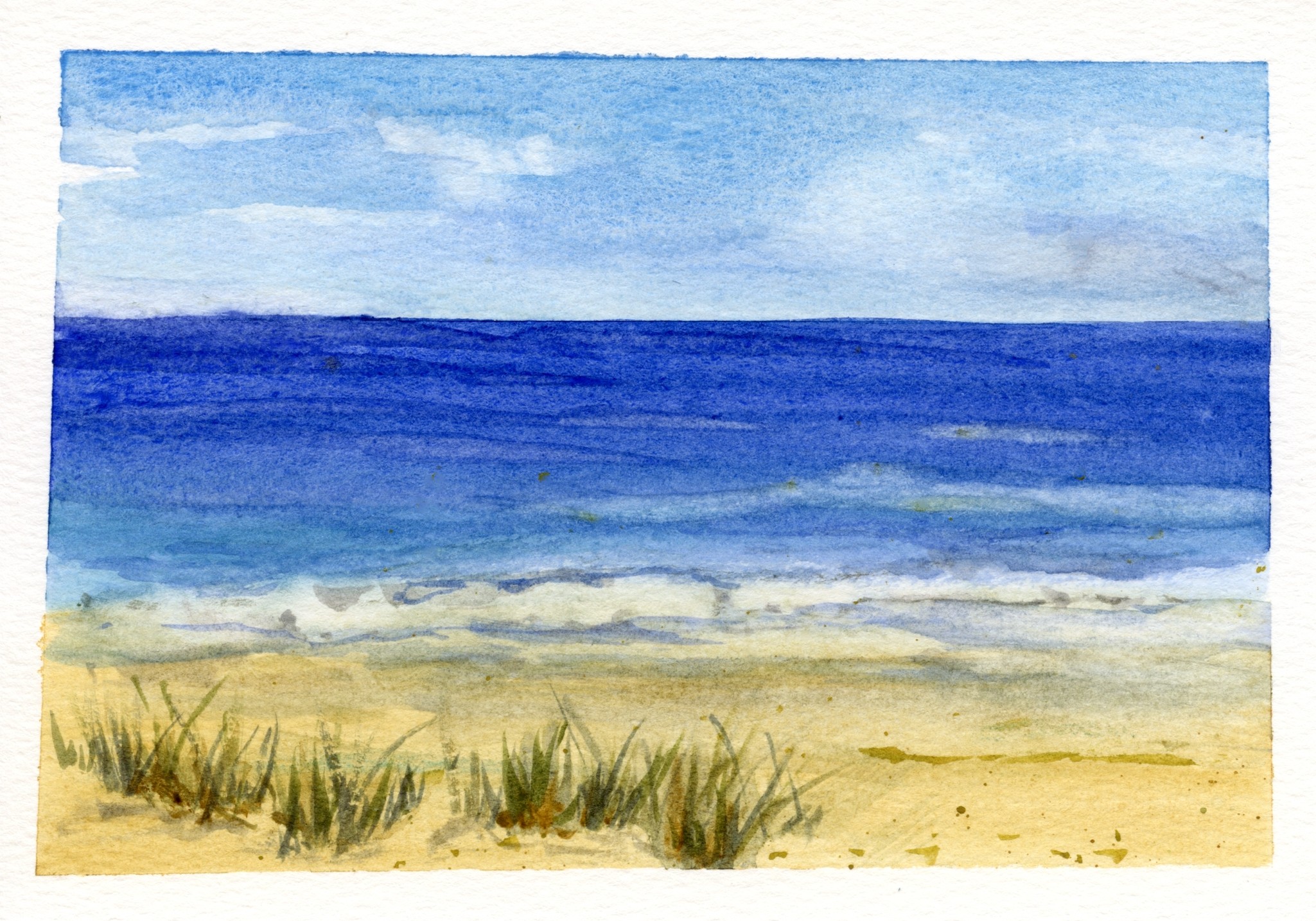 water color of a sandy beach with dune grass and tranquil water