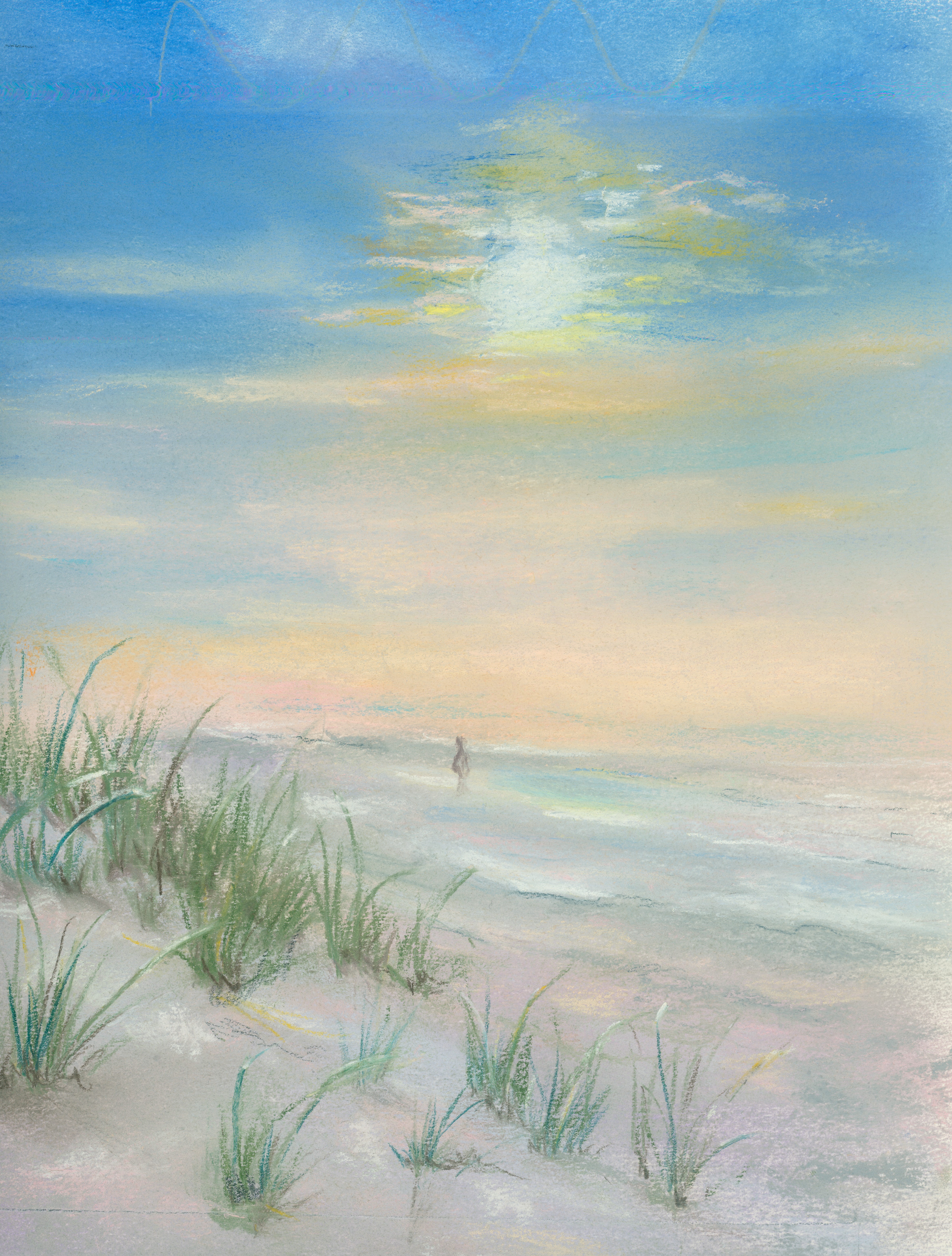 Watercolor painting of a quiet ocean shoreline