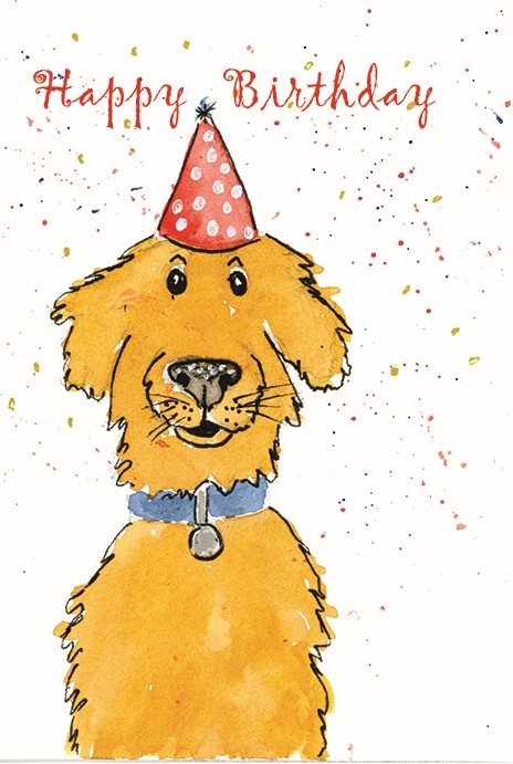 Watercolor of a fun cartoon dog painted brown with a red & white polka dot birthday hat