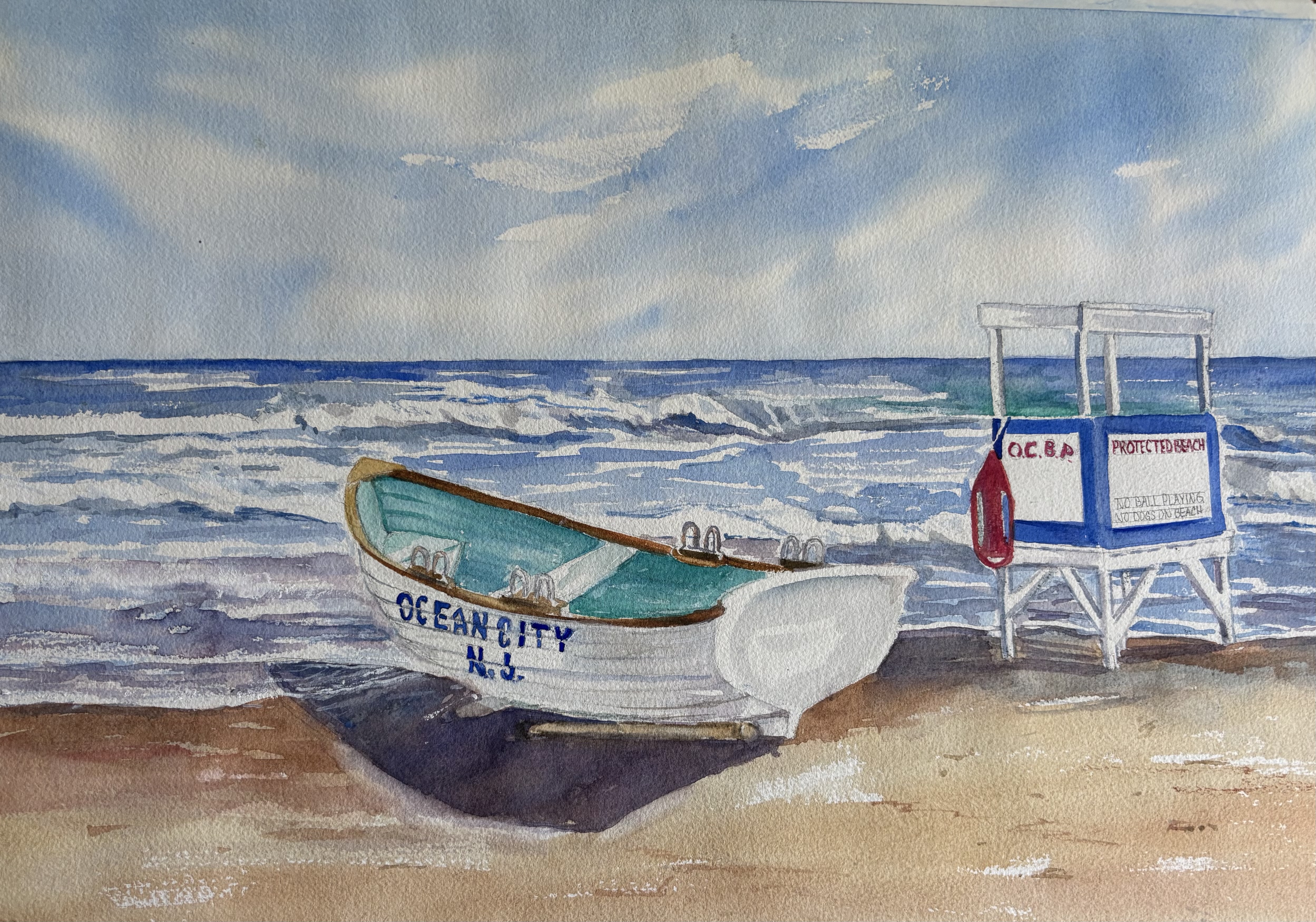 11 X14 Watercolor of the Oceab City NJ lifeguard stand and lifeguard boat of a beach with a windswept sky