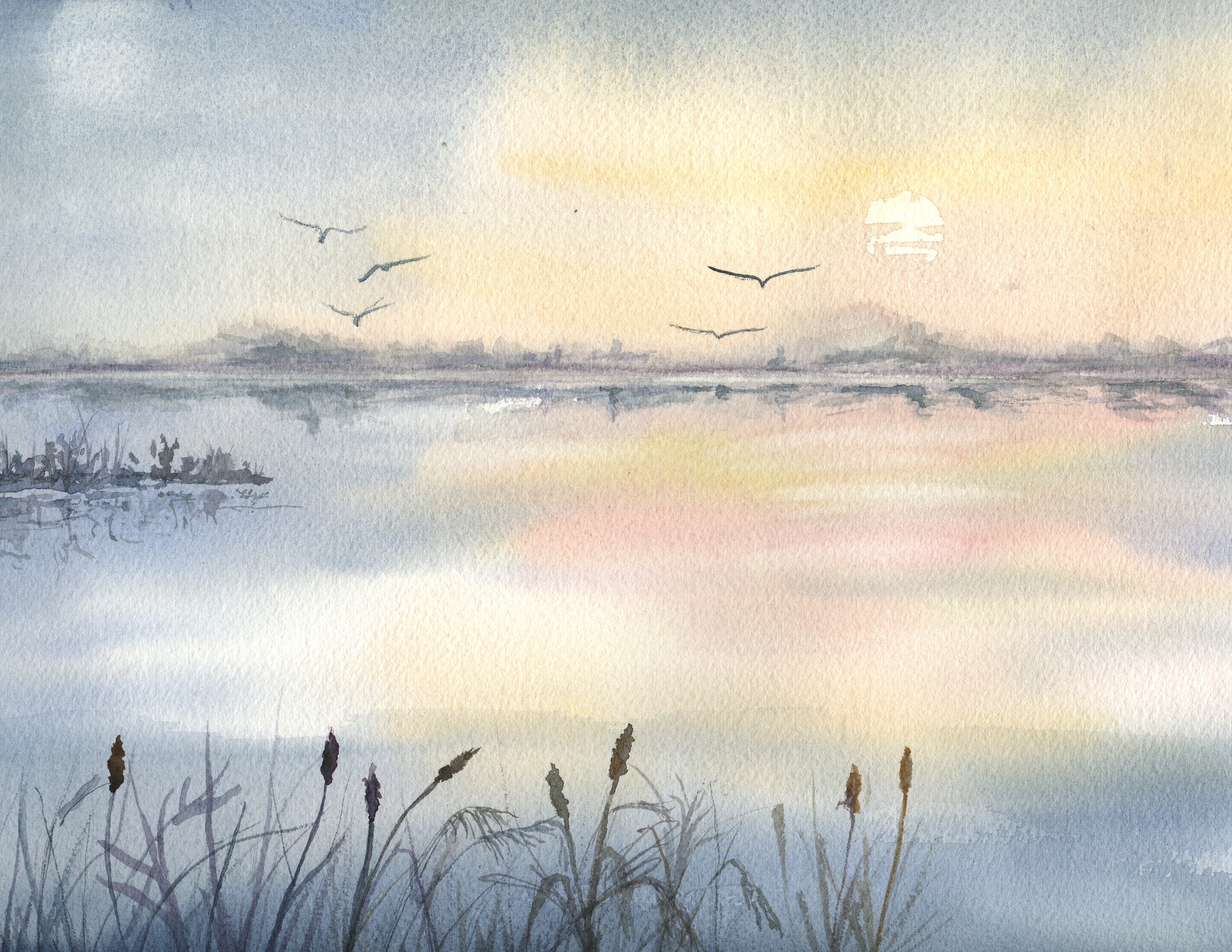 A watercolor of a marsh with tranquil sunset colors and cattails in the foreground and birds flying  the background