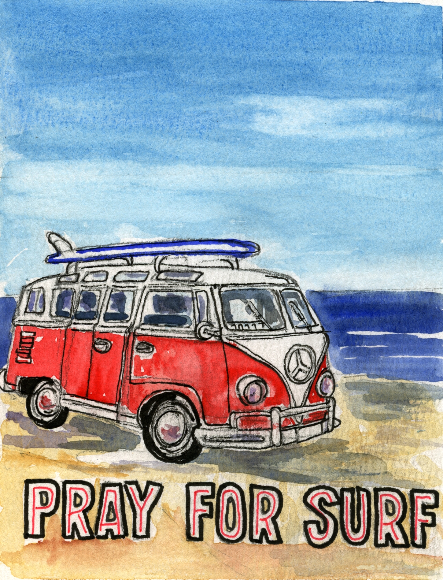  Vintage van with surfboard on the beach