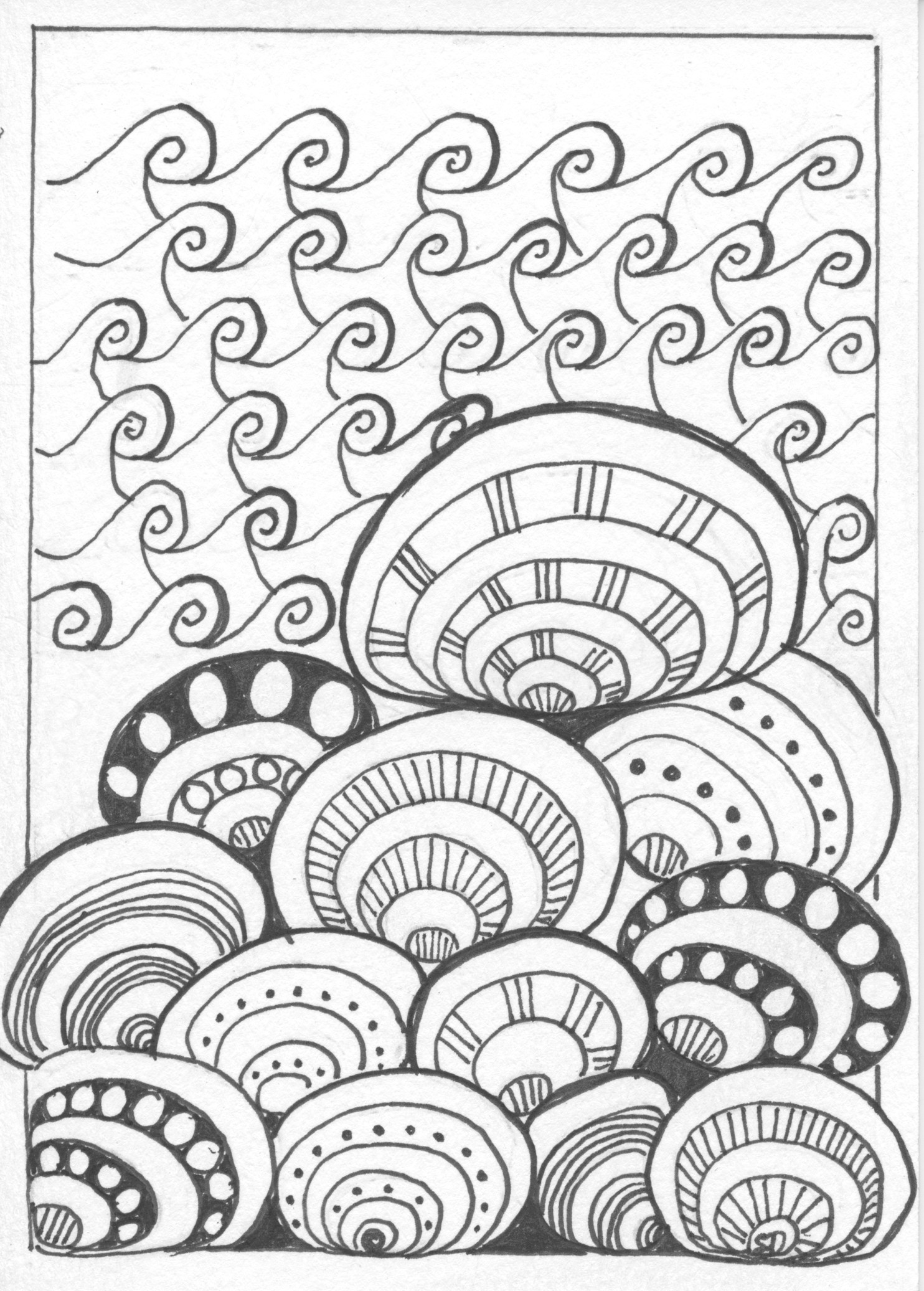 Pen & In drawing of patterns of shells and waves