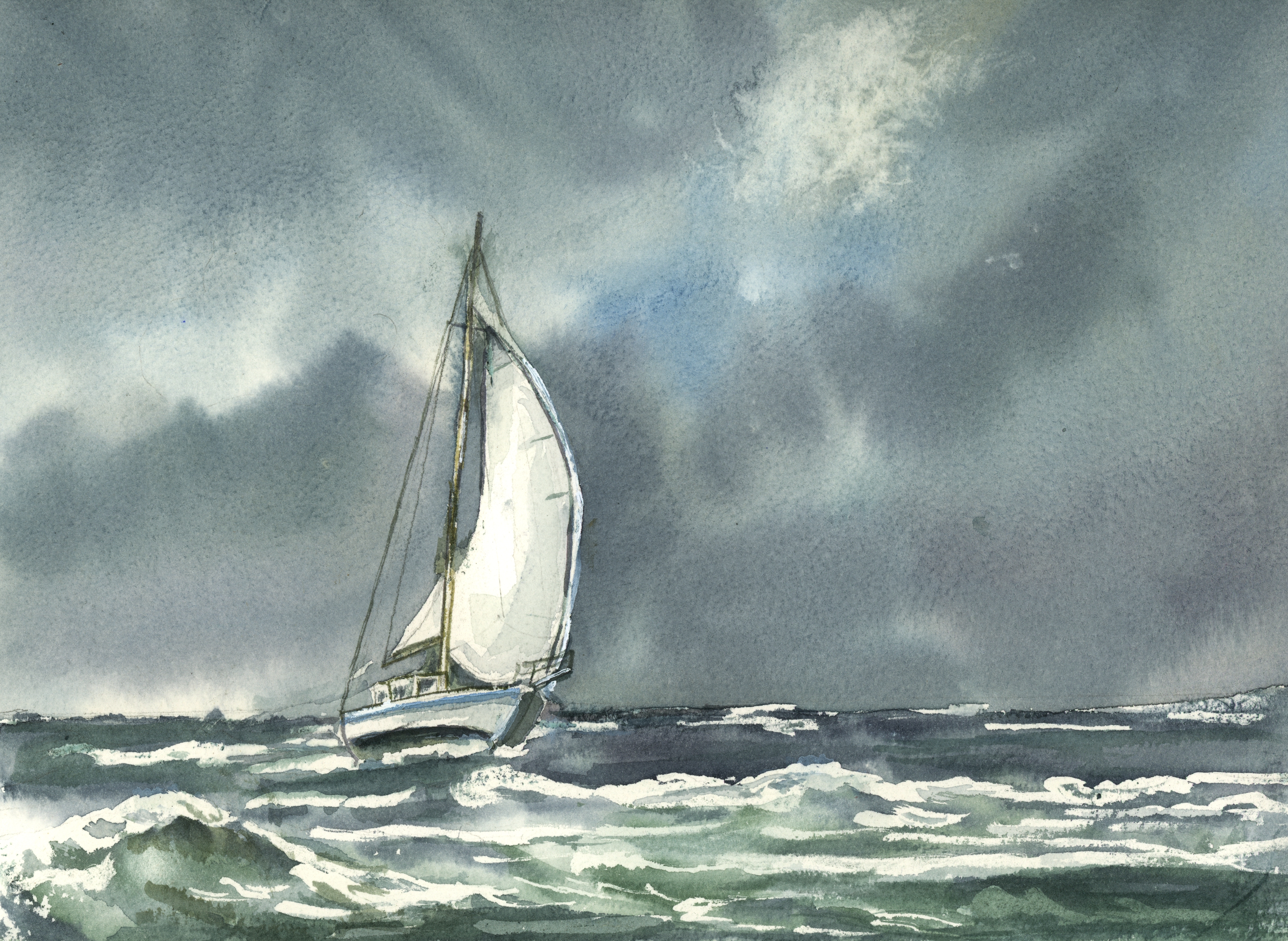 a stormy grey sky and sea with a large white sailboat heading to shore