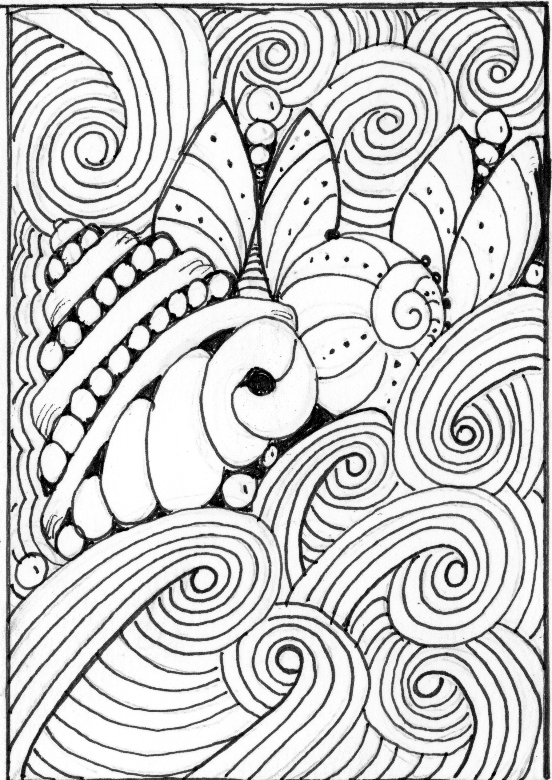 Pen & Ink drawing of swirly waves and seashells