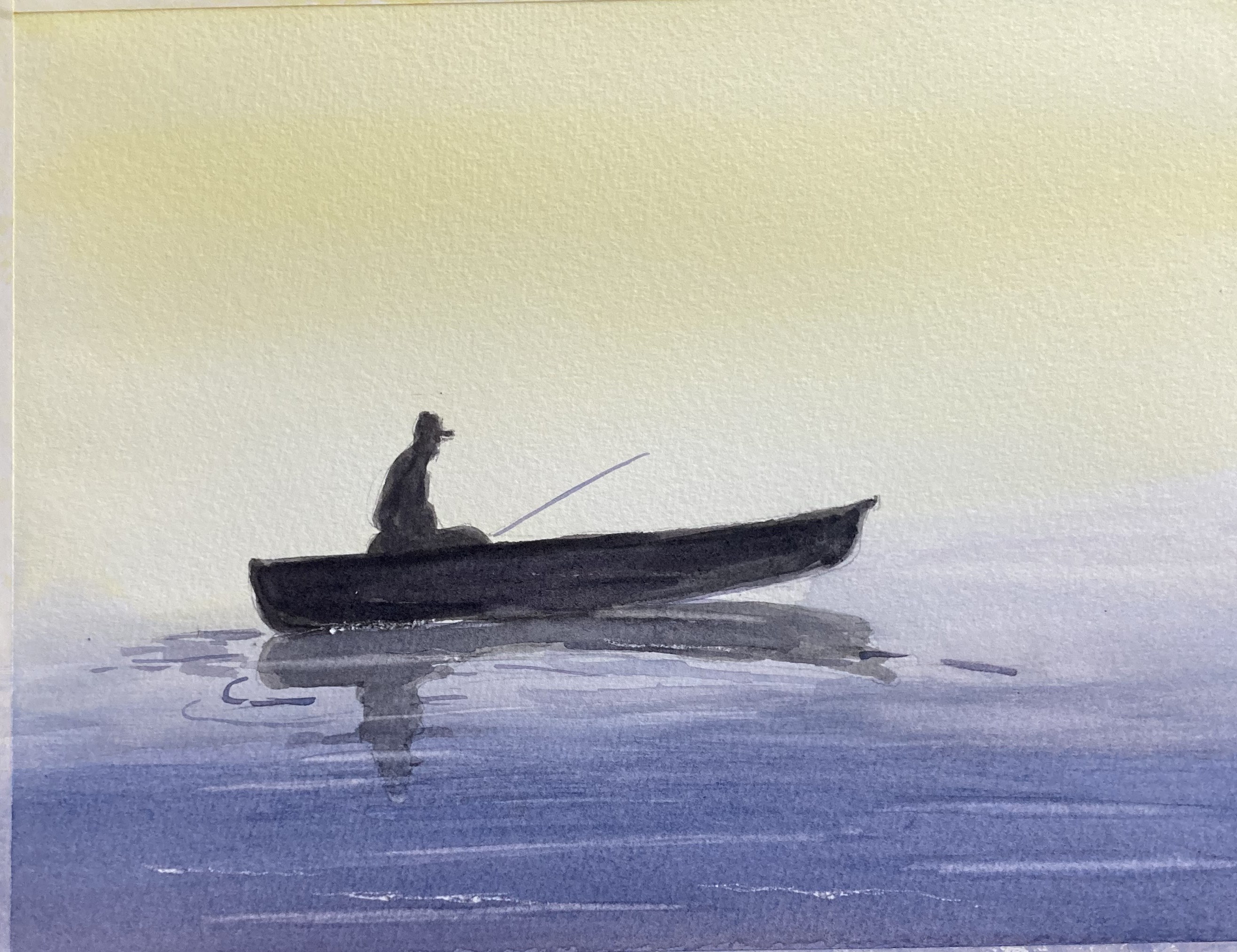 A watercolor of a man sitting in a row boat fishing in calm  blue water 